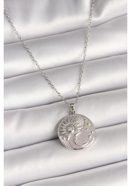 316L Çelik Gümüş Renk Zincir Zirkon Taşlı Ay Güneş Işlemeli Madalyon Model Kadın Kolye