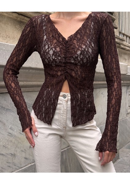 Kadın V Yaka Full Esnek Dantel Bürümcük Spor Şık Tasarım Asimetrik Kesim Gece Bluzu fırsatları