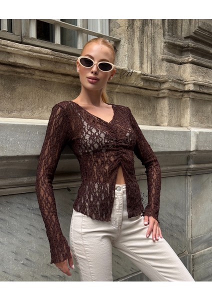 Kadın V Yaka Full Esnek Dantel Bürümcük Spor Şık Tasarım Asimetrik Kesim Gece Bluzu indirimleri