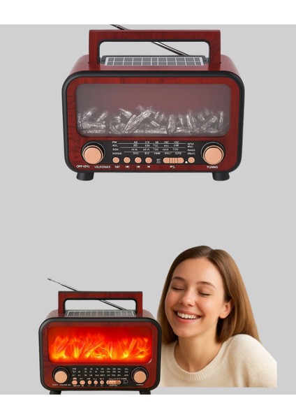 Nrzsnt Taşınabilir Şömine Görünümlü Bluetooth Hoparlör – Solar Şarjlı, Alev Işıklı, 7W Ses indirimleri