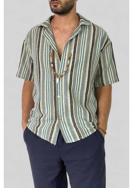 Dar Kesim Renkli Kısakol Keten Gömlek