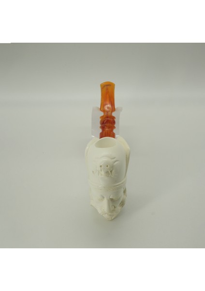 El Oyması Lületaşı Pipo – Savaşçı Başı Figürlü, Amber Ağızlık, Özel Kılıf, 15,5 cm