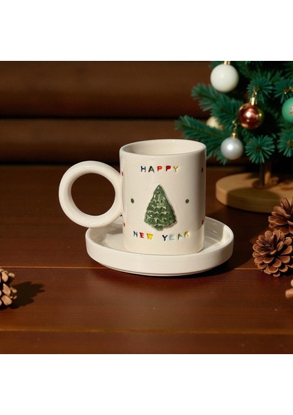 Yılbaşı Temalı El Yapımı Seramik Türk Kahvesi Fincanı