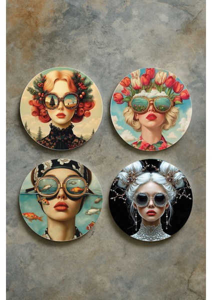 Ev Dekor Oval Pleksi Bardak Altlığı Temalı Desenli 4'lü Set Kolaj