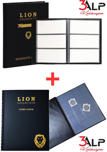Lion Büyük Albüm SET-120 Li Kağıt Para ve 200 Lü Madeni Kapamalı Paralar Için Albüm (2’li Set)-Siyah