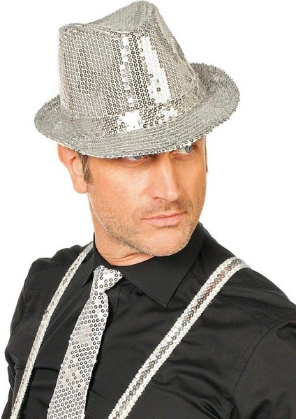 Disko Star Gümüş Payetli Fötr Şapka Yetişkin Boy