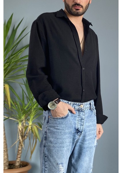 %100 Pamuk Oversize Uzun Kollu Keten Gömlek