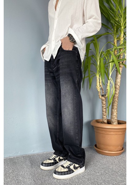 Taşlanmış Siyah Baggy Kot Pantolon