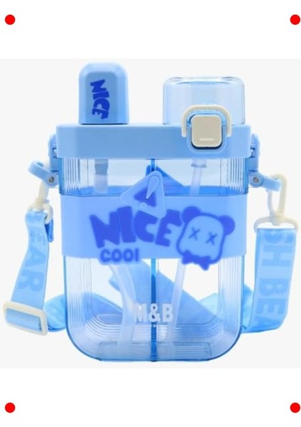 650ML Çift Bölmeli Suluk - Mavi, Pipetli ve Kayışlı