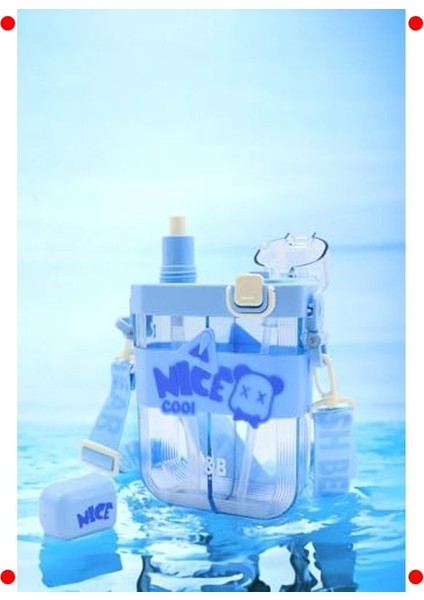 650ML Çift Bölmeli Suluk - Mavi, Pipetli ve Kayışlı modelleri