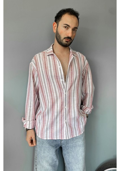 Uzun Kollu Keten Görünümlü Çizgili Gömlek