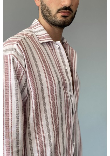 Uzun Kollu Keten Görünümlü Çizgili Gömlek fiyatları