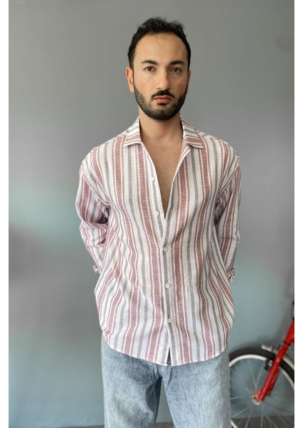 Uzun Kollu Keten Görünümlü Çizgili Gömlek fırsatları