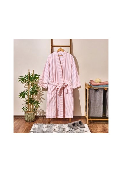 Soft Kimono Çizgili Kadın Bornoz - Beyaz / Pembe - S / M