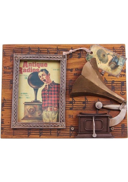 Dekoratif Metal Çerçeve Gramofon Dekorlu Vintage Hediyelik