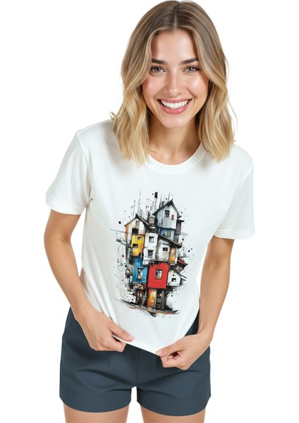 Kadın Beyaz Relaxed Fit %100 Pamuk Tişört – Suluboya & Mürekkep Renkli Evler Baskılı modelleri
