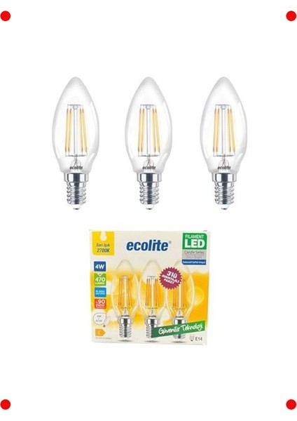 3'lü LED Filament Mum Ampul E14 4W 2700K Sarı Işık