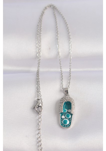 316L Çelik Zincir Zirkon Taşlı Gümüş Renk Nazarlı Terlik Tasarımlı Kolye fiyatları