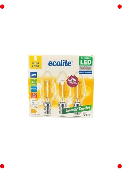 3'lü LED Filament Mum Ampul E14 4W 2700K Sarı Işık modelleri