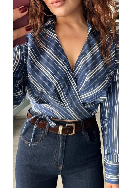 Lacivert Çizgili Kruvaze Bağlamalı Crop Gömlek fiyatları