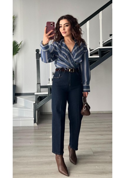 Lacivert Çizgili Kruvaze Bağlamalı Crop Gömlek