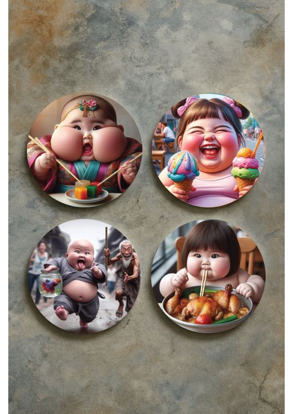 Ev Dekor Oval Pleksi Bardak Altlığı Temalı Desenli 4'lü Set Şişman Çocuk