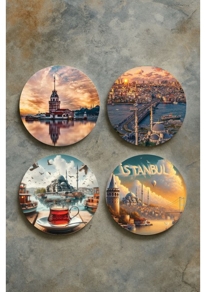 Ev Dekor Oval Pleksi Bardak Altlığı Temalı Desenli 4'lü Set Istanbul