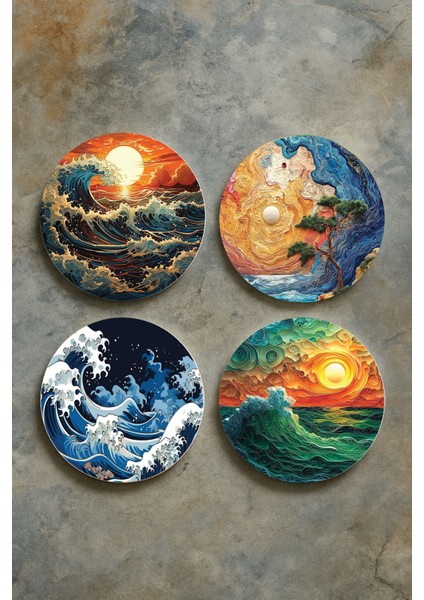 Ev Dekor Oval Pleksi Bardak Altlığı Temalı Desenli 4'lü Set Dalga