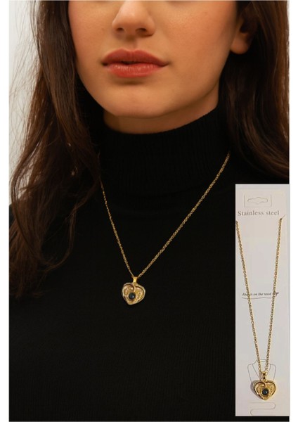 Kalp Figürlü Zirkon Altın Renk Zincir Kadın Kolye Kararmaz Çelik Kolye