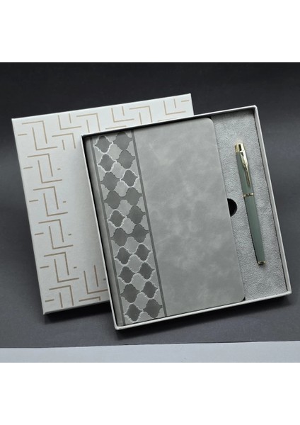 Kutulu Gri Defter ve Metal Kalem Seti