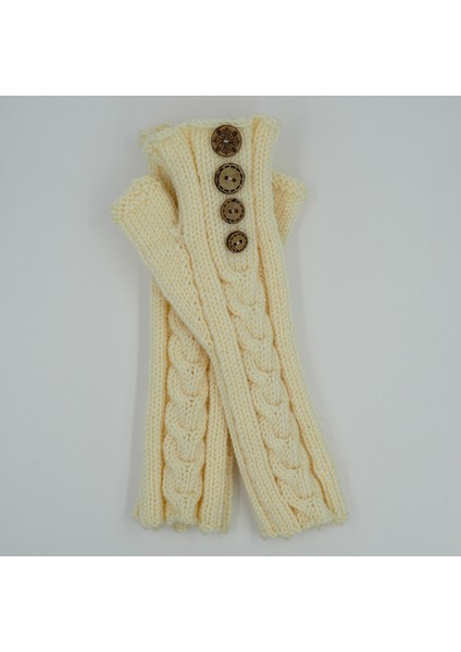 Düğmeli Krem El Örgüsü Yetişkin Parmaksız Eldiven