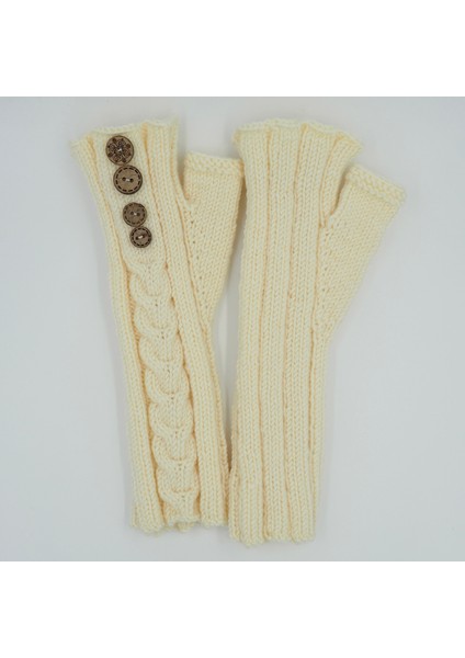 Düğmeli Krem El Örgüsü Yetişkin Parmaksız Eldiven modelleri
