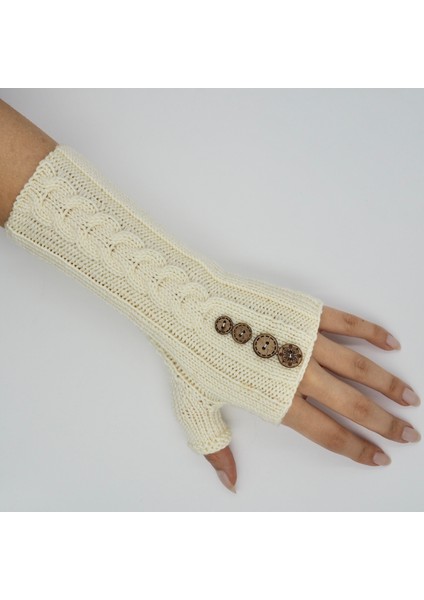 Düğmeli Krem El Örgüsü Yetişkin Parmaksız Eldiven fırsatları