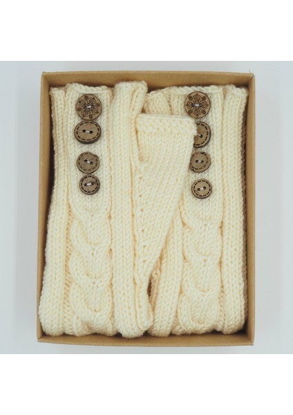 Düğmeli Krem El Örgüsü Yetişkin Parmaksız Eldiven indirimleri