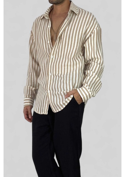 Kahverengi Çizgili Salaş Yazlık Keten Gömlek fiyatları