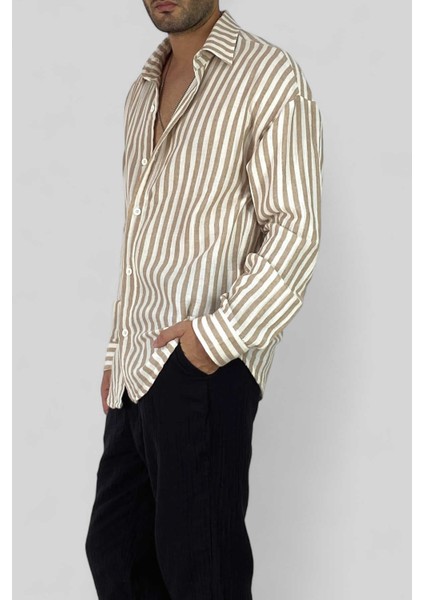 Kahverengi Çizgili Salaş Yazlık Keten Gömlek indirimleri