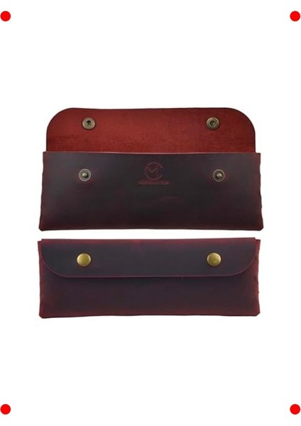 El Yapımı Hakiki Deri Kalem Kutusu - Kırmızı