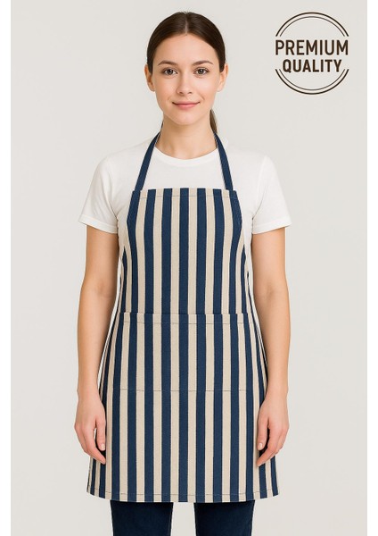 Lacivert-Beyaz Çizgili Premium Dokuma Gabardin Kumaştan, Ortadan Bölmeli Cepli, Mutfak Önlüğü Unisex fiyatları