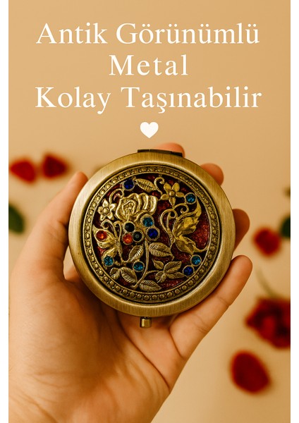 El Işlemeli Pirinç Kaplama Vintage Cep Aynası – Renkli Taşlı, Çift Taraflı Kompakt Makyaj Aynası