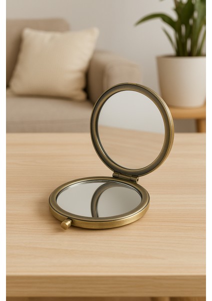 El Işlemeli Pirinç Kaplama Vintage Cep Aynası – Renkli Taşlı, Çift Taraflı Kompakt Makyaj Aynası fiyatları