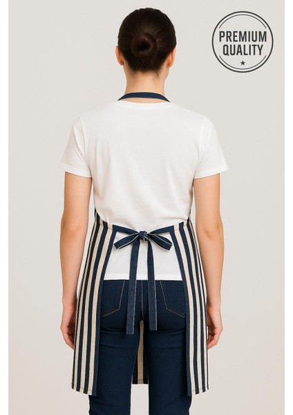 Lacivert-Beyaz Çizgili Premium Dokuma Gabardin Kumaştan, Ortadan Bölmeli Cepli, Mutfak Önlüğü Unisex modelleri