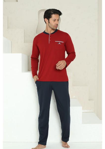 Erkek Pijama Takımı - Bordo Arma Nakışlı Likralı Uzun Kollu Penye 1194UY