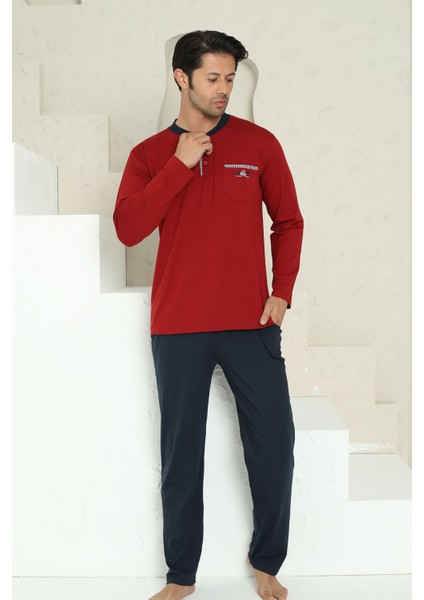 Erkek Pijama Takımı - Bordo Arma Nakışlı Likralı Uzun Kollu Penye 1194UY fırsatları