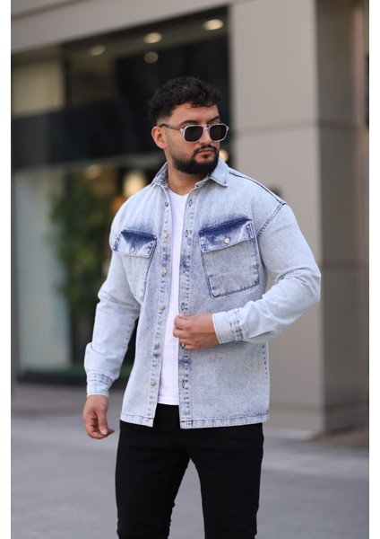 Erkek Kot Gömlek Rahat Kalıp, Çift Cepli, Düğmeli Denim Gömlek