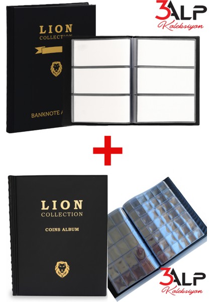 Lion Büyük Albüm SET-120 Li Kağıt Para ve 372 Li Madeni Açık Paralar Için Albüm (2’li Set)-Siyah