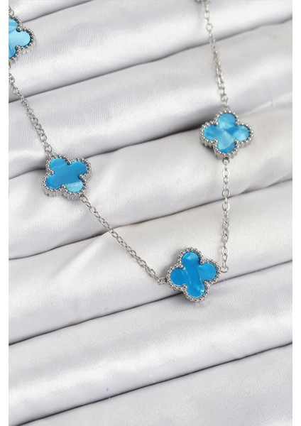 316L Çelik Zincir Gümüş Buz Mavisi Renk Yonca Kadın Kolye