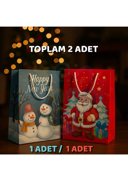 Noel Baba ve Kardan Adam Desenli Hediye Çantası Seti – 2’li Kırmızı & Mavi Yılbaşı Hediye Poşeti
