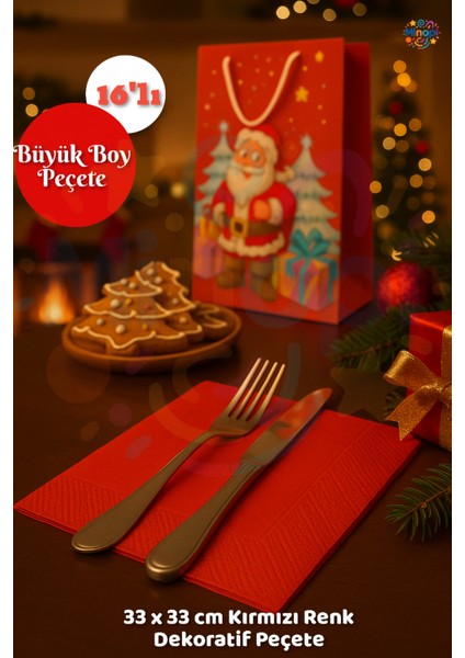 Kırmızı Peçete Sunumluk I16 Adet Dekoratif Estetik Yılbaşı Parti Konsepti 33X33 cm