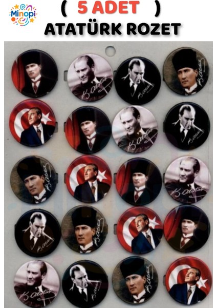 ( 5 Adet ) Atatürklü Yaka Rozeti Karışık Plastik Atatürk Rozet Öğretmenler Günü Hediyesi Bayrak