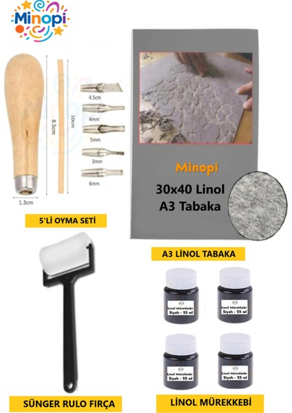 Linol Tabaka Levha 2.5 mm 30X40 cm , Siyah Mürekkep , Sünger Rulo Merdane , 5'li Oyma Seti